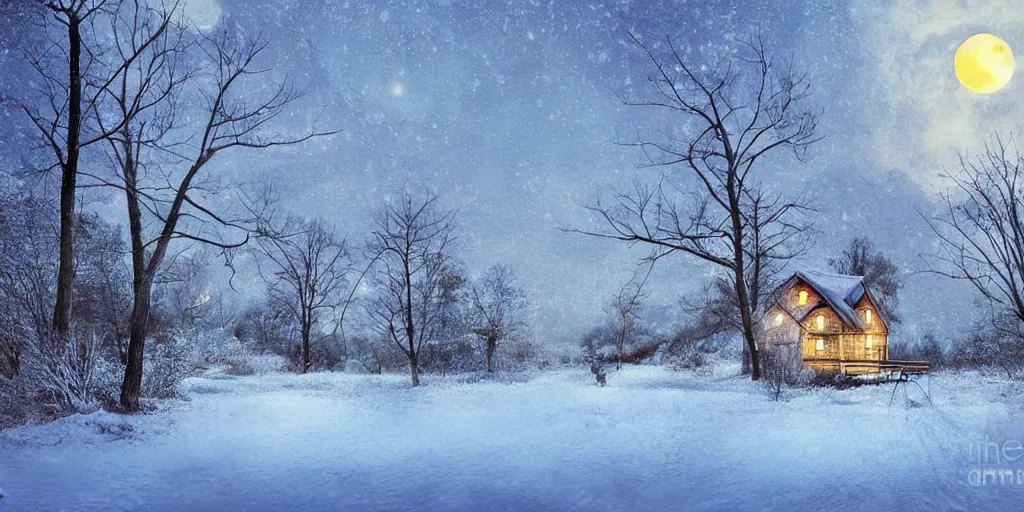 Prompt: a cottage in a snowy landscape, forest in background, full moon, digital art