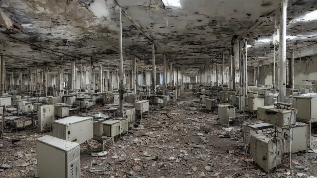 Image similar to inside an old abandoned derelict data centre. old server's and server racks, crt monitors and other old equipment.