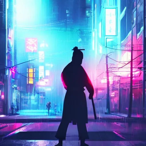 Prompt: silhouette of a samurai on his knees stabbing himself with a katana, blue and purple neon cubes coming out his body, cyberpunk rainy city at night, high quality, high detail, 4K, UHD, torii in the background, trending on ArtStation, blade runner vibes