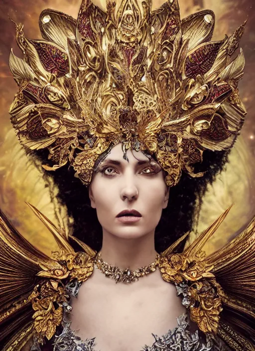 Image similar to expressive full body photo of an angel, ornate headpiece made from flowers, ornaments, glamour shot, by karol bak, by stefan gesell, photorealistic, canon r 3, fashion photography, hyper maximalist, elegant, ornate, luxury, elite, environmental portrait, symmetrical features, octane render, unreal engine, solid dark grey background, dramatic lights