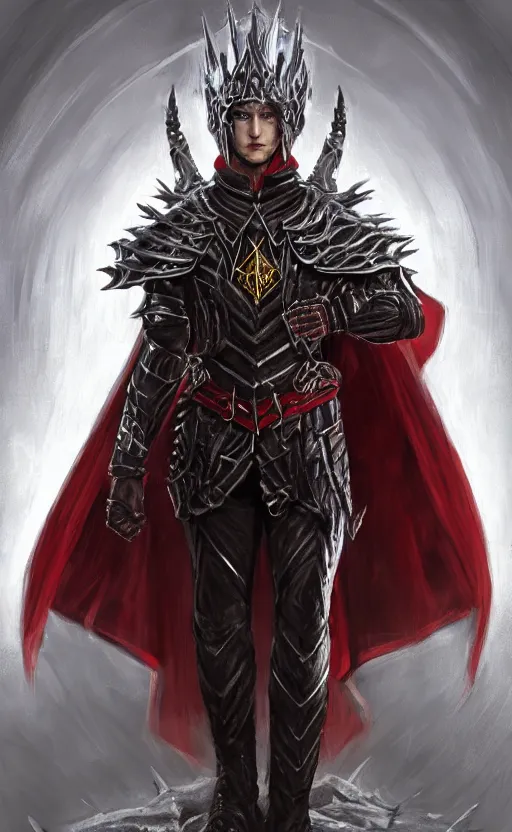 Image similar to A portrait of a male elf, 20 years old, short silver hair, red eyes, wearing a spiked black metal crown, black heavy armor with gold trim, and a red cape, lean but muscular, attractive, command presence, royalty, weathered face, smooth, sharp focus, illustration, concept art, highly detailed portrait, muscle definition, fantasy painting, ArtStation, ArtStation HQ