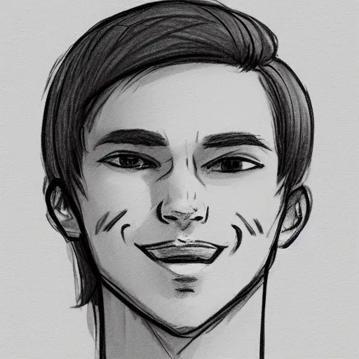 Image similar to sketch of a teenage boy with very short side part hair smiling trending on artstation