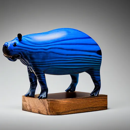 Prompt: a photo of a model hippo made of repurposed elm wood composite mixed with straight lines blue epoxy resin, wood, studio zeiss 1 5 0 mm f 2. 8 hasselblad, award - winning photo, epoxy resin, dramatic lighting, full subject shown in photo