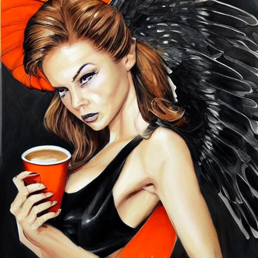 Prompt: painting in style of simon bisley, dark angel of coffee, the super hot and sexy, shiny black dress, orange halo around her head, black wings, huge cup of coffee