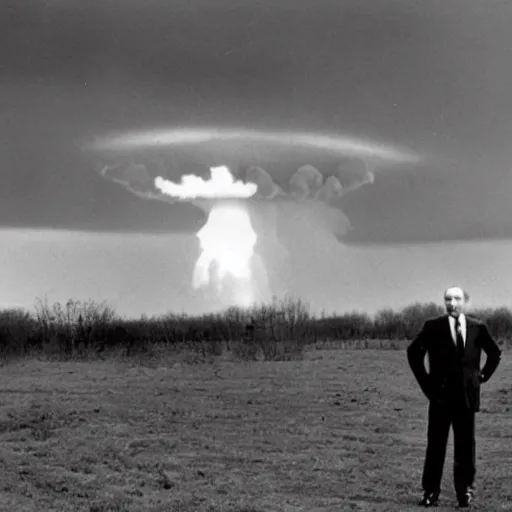 Image similar to putin standing next to nuclear explosion