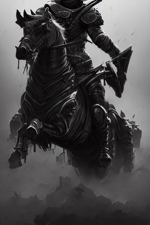 Prompt: a portrait of the horseman of the apocalypse, war, grim - lighting, high - contrast, intricate, elegant, highly detailed, digital painting, artstation, concept art, smooth, sharp focus, illustration