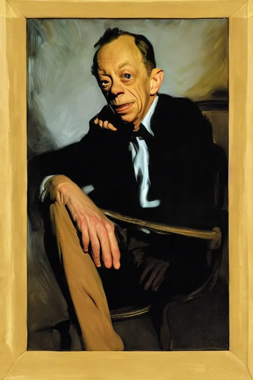 Prompt: portrait of don knotts sitting with full face full figure, in the style of expressionism, soft light, volumetric light, subsurface scattering, translucent skin, john singer sargent, andrew wyeth, jamie wyeth, john singer sargent,