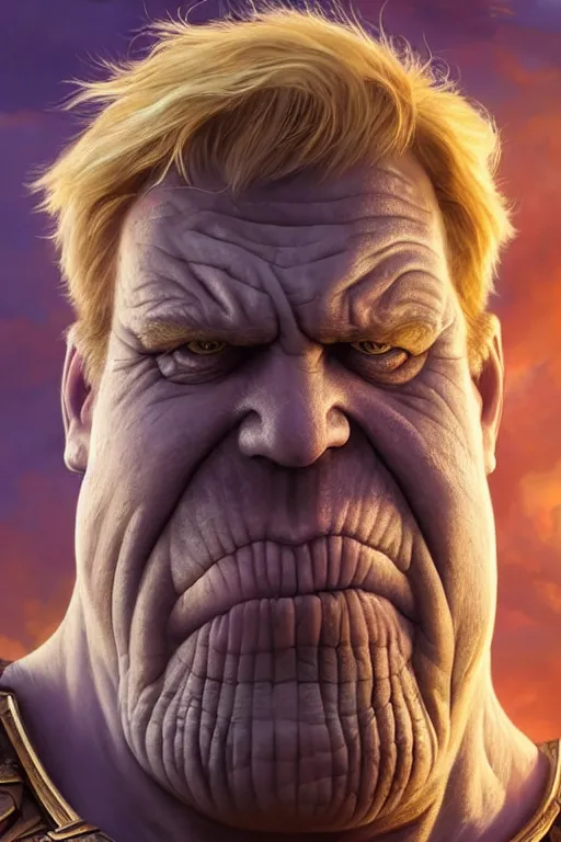 Image similar to Boris Johnson as Thanos, highly detailed character in digital fantasy, painted portrait, artstation, concept art, hard focus, illustrations, works by Artgerm and Greg Rutkowski, Alphonse Mucha and Craig Mullins, James Gene, Andrey Ryabovichev, Mark Simonetti and Peter Morbacher, 16 thousand