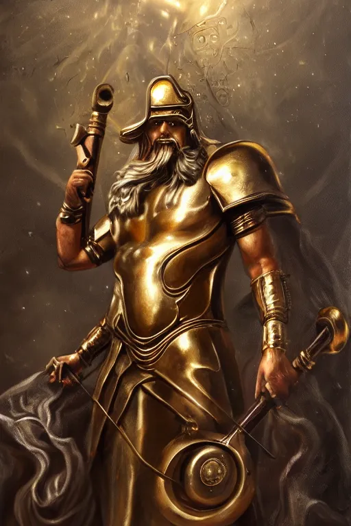 Image similar to mythological odin all father supreme God of thunder and smithing and artificial intelligence creating an artificial neural network with gold synapses on an anvil with his mighty hammer, high resolution, award winning art, trending on art station, sharp image, incredibly detailed, detailed character, realistic painting, hyperrealistic painting