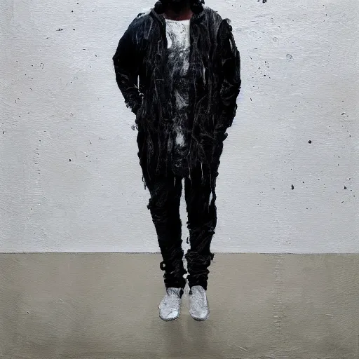 Prompt: a full body lookbook portrait of modern - day jesus wearing virgil abloh streetwear collection by nicola samori, hat and hoodie, detailed, oil painting, hyper - realistic, 8 k, yeezy collection