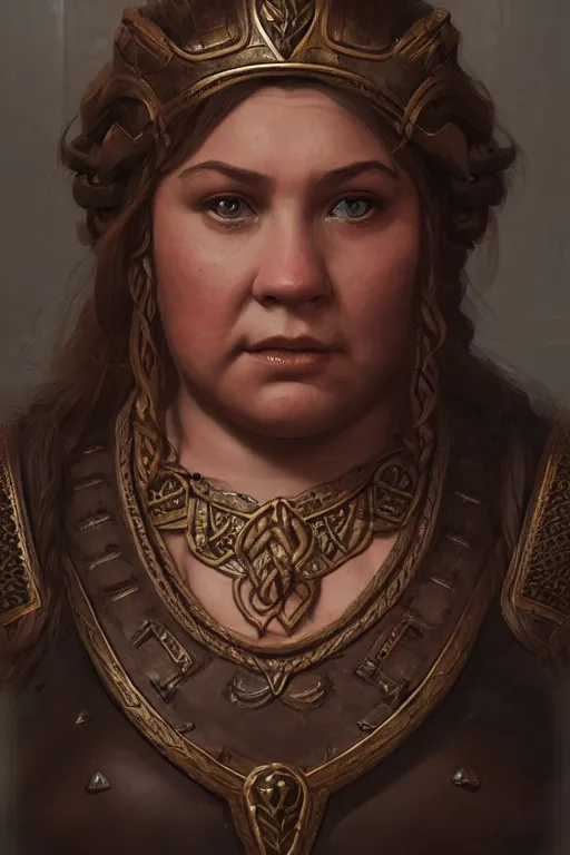 Prompt: Portrait | chubby female dwarf queen | bronze dwarven breastplate | elaborated braided hair | style by greg rutkowski, wayne reynolds, jeff easley dramatic light | high detail | cinematic lighting | artstation | Regal and Proud robust woman| bold serious expression | dungeons and dragons | throne room |