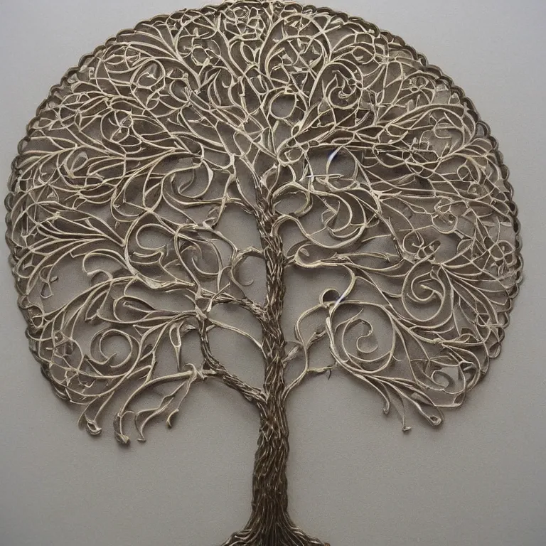 Prompt: vintage art nouveau style tree of life, detailed filigree fretwork lacework