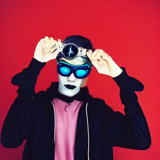 Image similar to kodak ektar 1 0 0 photograph of a nerdy goth guy wearing goggles and eclectic jewelry, moody lighting, telephoto, 9 0 s vibe, blurred background, vaporwave colors, faded!,