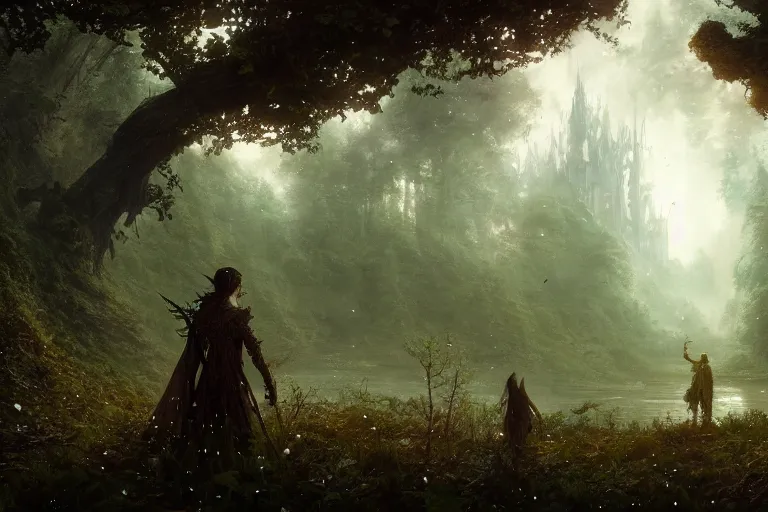 Image similar to detailed intricate digital illustration by greg rutkowski and david friedrich and ruan jia and fenghua zhong and steven belledi ; gothic fantasy valley and forest faerie fey unseelie in background ; 1 3 mm film, arri alfa anamorphic lens ; sharp focus, eventide, fireflies ; trending on artstation 8 k