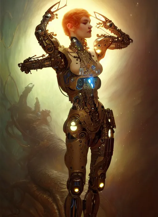 Image similar to cyborg recharging, diffuse lighting, fantasy, intricate, elegant, highly detailed, lifelike, photorealistic, digital painting, artstation, illustration, concept art, smooth, sharp focus, art by John Collier and Albert Aublet and James jean and Brian froud and ross tran and Artem Demura and Alphonse Mucha