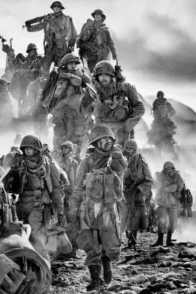 Image similar to a portrait of ww 2 american soldiers entering agartha from antarctica, realistic, highly detailed, fantasy, early 2 1 st century film quality, b & w, 4 k