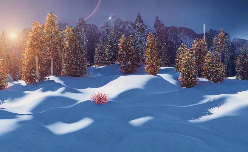 Prompt: mountain landscape in winter!!!, flowers, trees, bright landscape, dreamy light, sunny, floating particles, complementary palette, by and jacek yerga and jesse king, pop surrealist, wiccan, unreal engine, bokeh, detailed