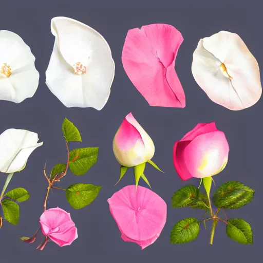 Image similar to various kinds of separate rose petals, botanical illustration, white background, 8 k