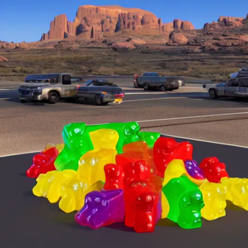 Image similar to promotional movie still life - size gummi bears, big, melting in the arizona sun in the largest frying pan in the world. 3 d, digital art, octane 3 d render, ue 5, cinematic, imax 7 0 mm, product lighting, dramatic lighting. concept art.