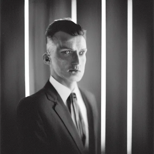 Image similar to medium format color portrait, film noir lighting