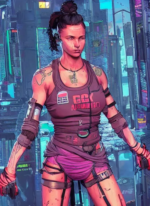 Image similar to apex legends cyberpunk fitness babe. concept art by james gurney and mœbius. gorgeous face, cinematic, dramatic lighting ( cyberpunk 2 0 7 7 ), clean aesthetic