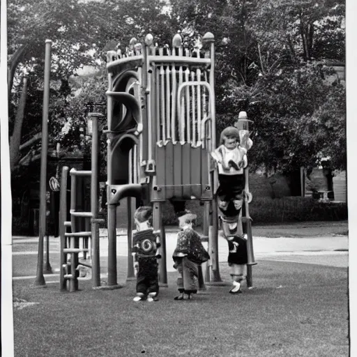 Prompt: vintage black and white photograph of children at a playground with giant war-mech