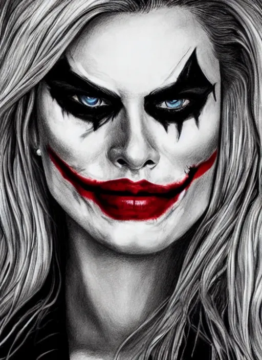 Image similar to a drawing margot robbie with joker makeup, ace card, realistic face, black and white, hyper realistic, highly detailed