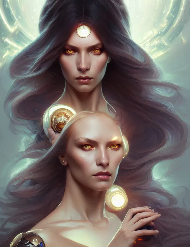 Image similar to futuristic woman portrait, sci-fi, amber eyes, face, long hair, fantasy, intricate, elegant, highly detailed, digital painting, artstation, concept art, smooth, sharp focus, illustration, art by artgerm and greg rutkowski and alphonse mucha