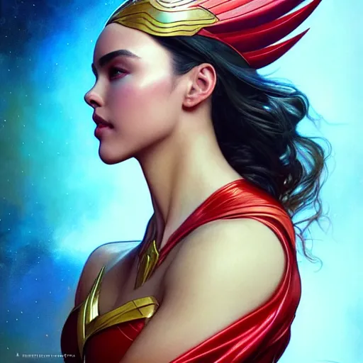 Image similar to catriona gray as darna, volumetric lights, red and cyan theme, art nouveau botanicals, intricate, highly detailed, digital painting, artstation, concept art, smooth, sharp focus, cinematic, illustration, beautiful face, art by artgerm and greg rutkowski and alphonse mucha