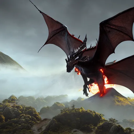 Prompt: 10 dragons in lotr style flying towards a giant active volcano, unreal engine, realistic 8K