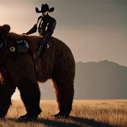 Image similar to a terminator android dressed as a cowboy while mounting a bear, 8 k, movie still, high detail, hyperrealistic