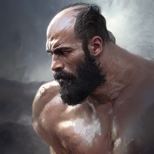 Prompt: portrait of a rugged ranger, muscular, upper body, hairy torso, d & d, fantasy, intricate, elegant, highly detailed, digital painting, artstation, concept art, smooth, sharp focus, illustration, art by artgerm and greg rutkowski and alphonse mucha