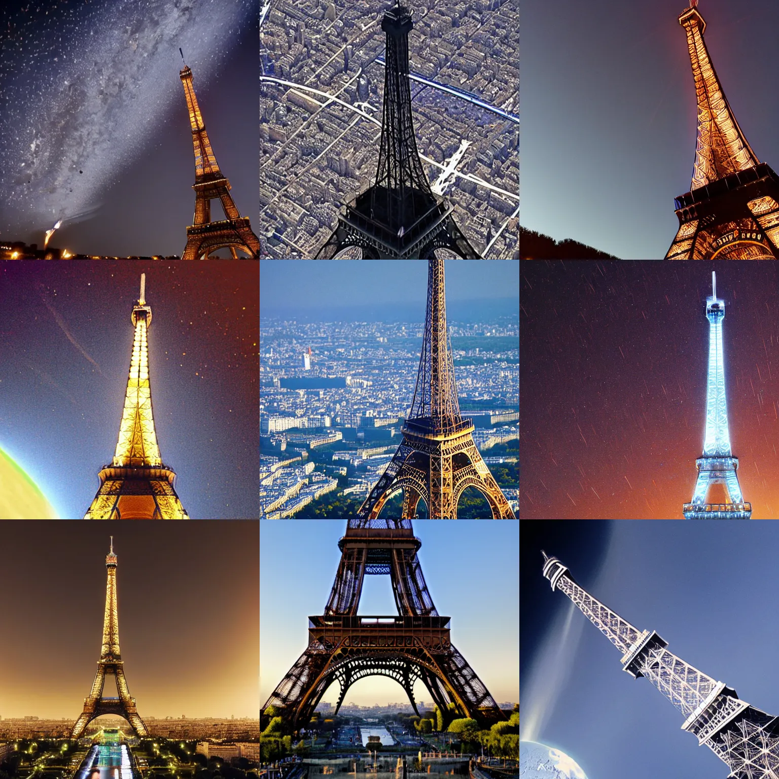 Prompt: Photo of the Eiffel tower launched into space