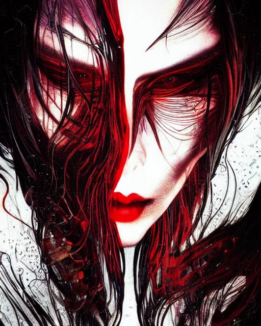 Image similar to glitch art close up portrait intense vampire, flowing hair, glitches, highly detailed, very intricate, graphical errors, art deco, glitch, chromatic aberration, harsh lighting, award - winning, unreal engine 5, illustration by mandy jurgens and alphonse mucha and yoji shinkawa, black and red only!!!, featured on artstation