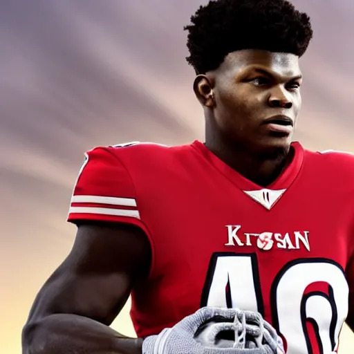 Prompt: a portrait of Lamar Jackson holding Lombardi Trophy, detailed and realistic face, 8k