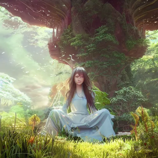 Prompt: breathtaking portrait of fantasy sorceress bright temple surrounded by lush forest meadow, by Hsiao-Ron Cheng and James jean and Miho Hirano and Hayao Miyazaki, octane render, RPG portrait, ambient light, dynamic lighting