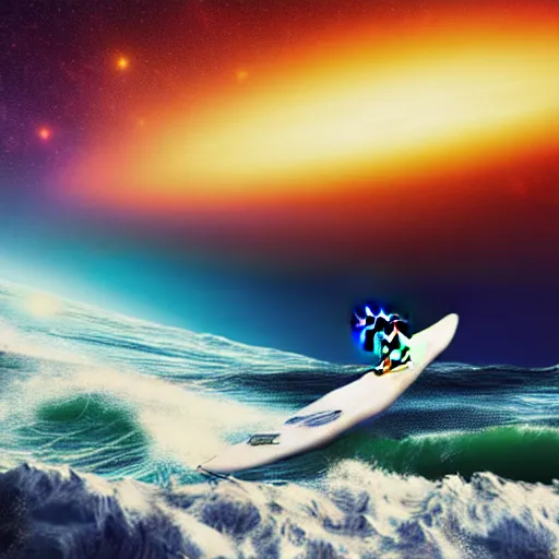 Image similar to photo of a beagle surfing a surfboard on a crashing l wave of alien ocean in space, background is an alien galaxy, aliens in the background, alien colors, octane render, unreal engine, wide view, 8 k, high detaild