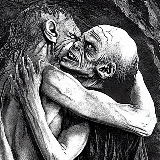 Image similar to gollum kissing frodo in lord of the rings by peter jackson, still, very photorealistic