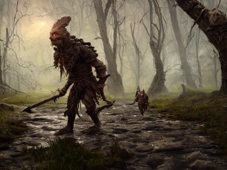 Image similar to Scaredy Cat Dwarf Ranger trips while running through Haunted Swamp, RPG Scene, Oil Painting, Trending on Artstation, octane render, Insanely Detailed, 8k, HD