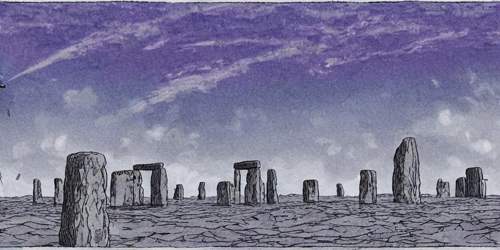 Image similar to a realistic cell - shaded concept art from howl's moving castle ( 2 0 0 4 ) of a huge cube from close encounters of the third kind ( 1 9 7 7 ) hovering over a flooded stonehenge. it is a misty starry night. very dull colors, hd, 4 k, hq