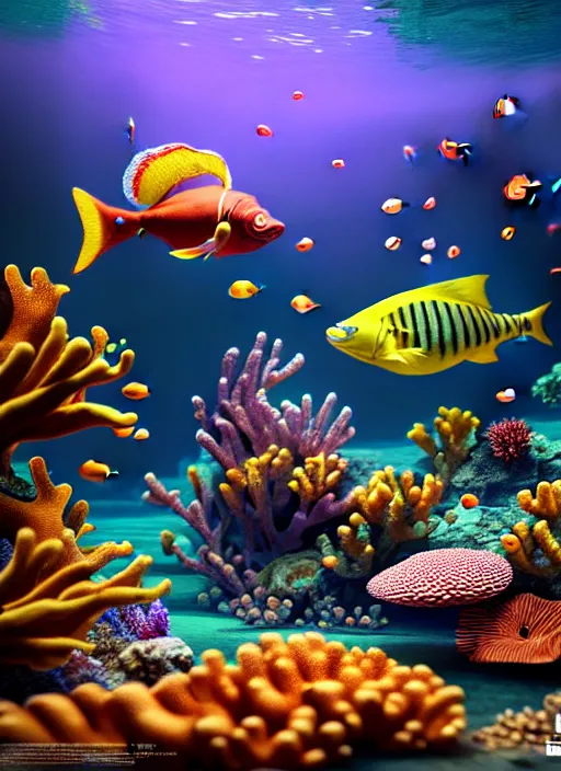 Image similar to hyperrealism, detailed textures, photorealistic 3 d render, an underwater scene with brightly coloured fish smoking cigars, brightly coloured coral, ultra realistic, ultra high pixel detail, cinematic, intricate, cinematic light, octane render, concept art, illustration, art station, unreal engine 8 k