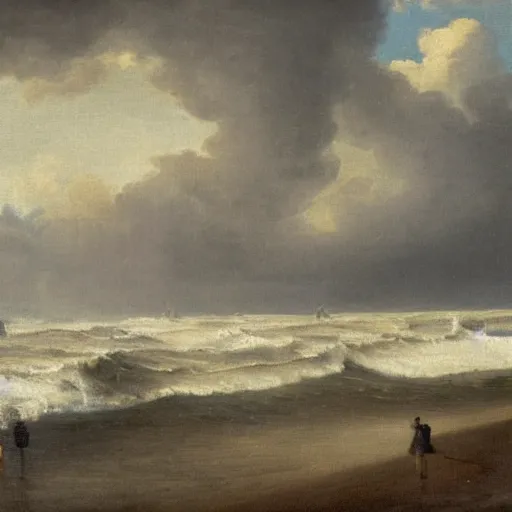 Prompt: painting of Scheveningen beach in a thunderstorm, dramatic