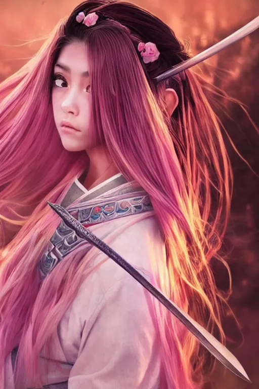 Image similar to highly detailed beautiful photo of madison beer as a young female samurai, practising sword stances, symmetrical face, beautiful eyes, pink hair, realistic anime art style, 8 k, award winning photo, pastels colours, action photography, 1 / 1 2 5 shutter speed, sunrise lighting