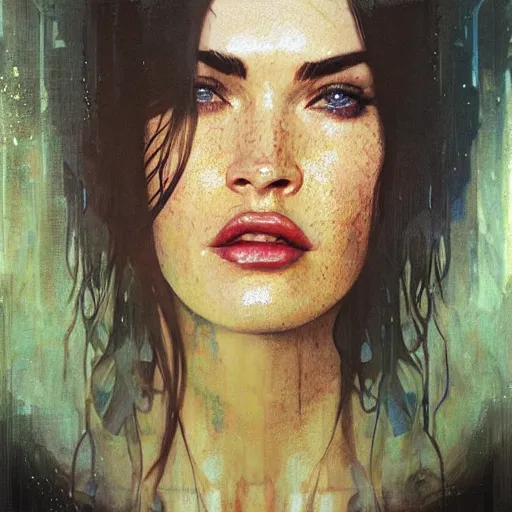 Image similar to megan fox, hyperrealistic portrait, bladerunner street, art of elysium by jeremy mann and alphonse mucha, fantasy art, photo realistic, dynamic lighting, artstation, poster, volumetric lighting, very detailed face, 4 k, award winning