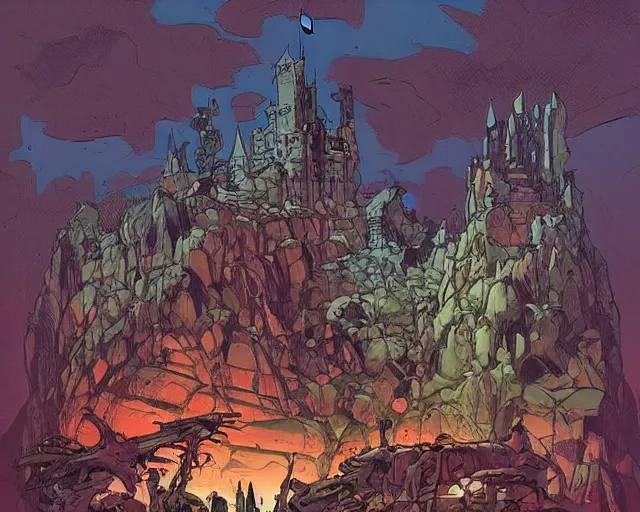 Prompt: beautiful comic book art of a fantasy castle by jack kirby and simon bisley, robots in the background landscape by simon stalenhag