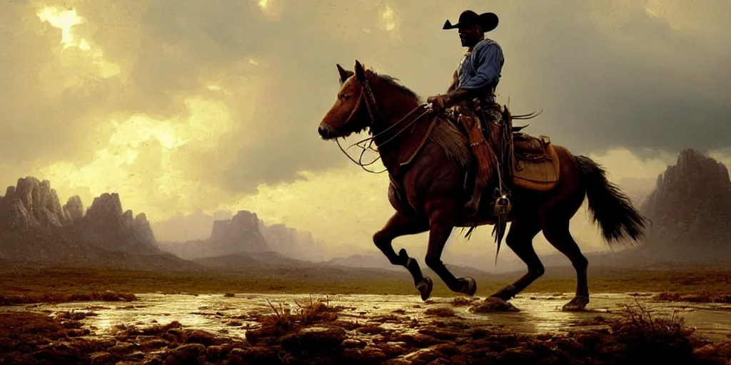 Image similar to face close - up jamie foxx as a cowboy on his horse is crossing american plains with a small riverbed, mountaineous background, cloudy day, highly detailed, digital art, by greg rutkowski, by albert bierstadt