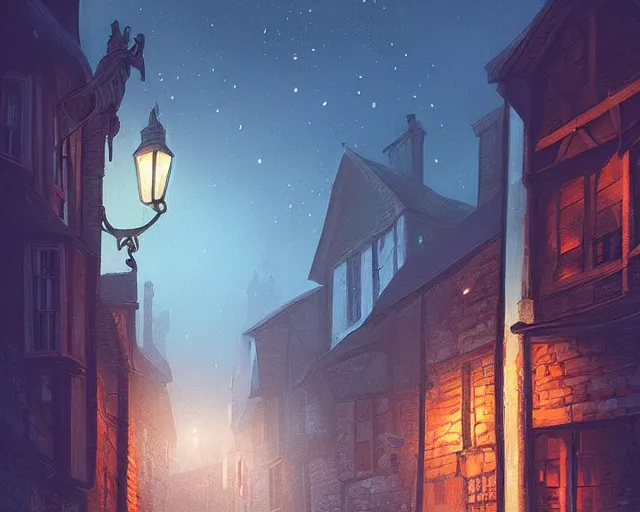 Image similar to A medieval, magical London street at night, Tudor houses, digital painting by Alena Aenami, trending on artstation