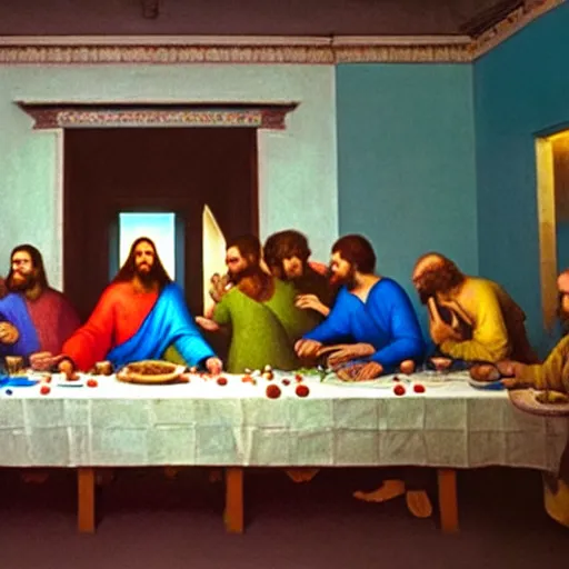 Image similar to a UHD still from an award winning film about last supper set in 2022. Directed by Stanley Kubrick and Wes Anderson, Art directed by Edward Hopper.