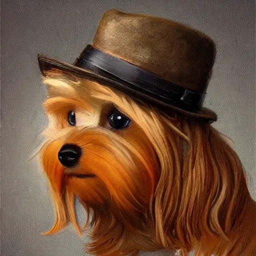 Image similar to The cutest yorkshire terrier wearing a fedora hat, concept art by Justin Gerard, trending on artstation