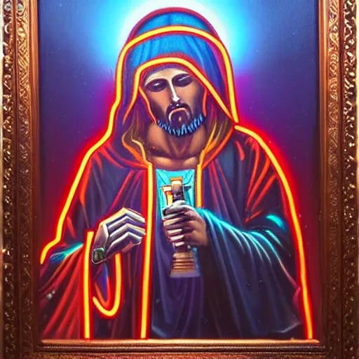 Image similar to beautiful detailed religious oil painting of robotic cyberpunk jesus with a gun in a neon city